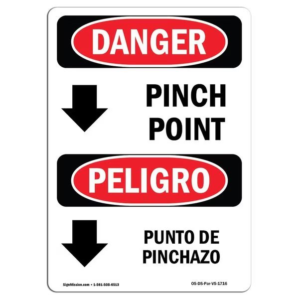 OSHA Sign, Pinch Point Bilingual, 14in X 10in Alum, 10